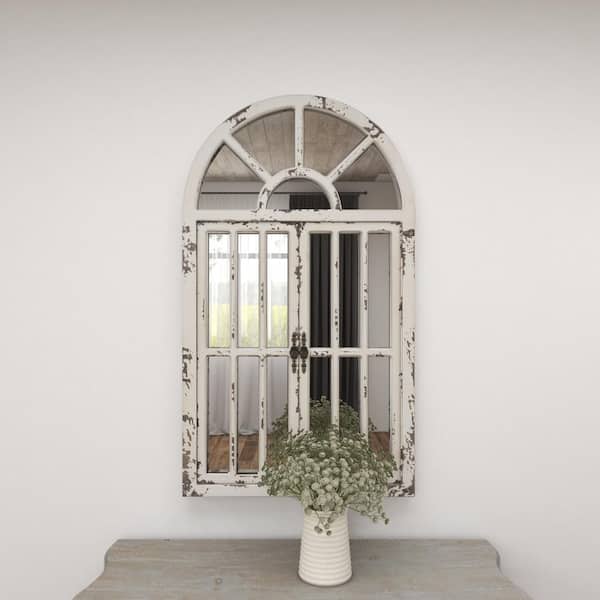 Litton Lane 46 in. x 26 in. Window Pane Inspired 2 Door Arched Framed White Wall Mirror with Arched Top and Distressing