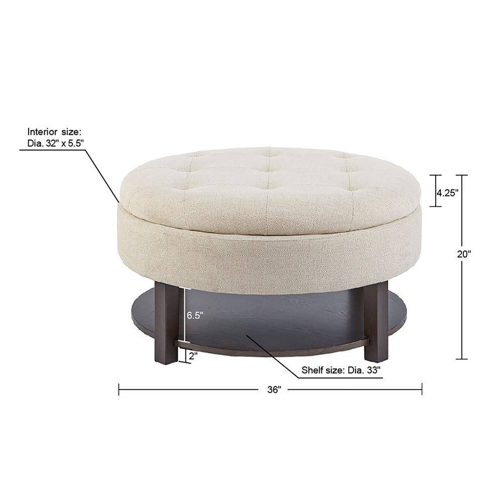 Cream Tufted Round Storage Ottoman with Veneer Shelf