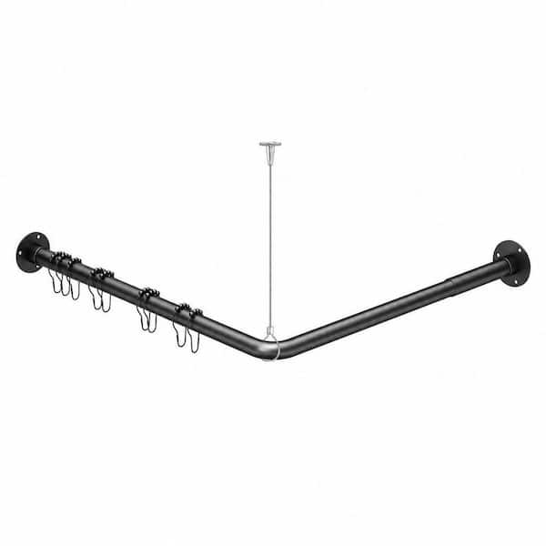 23-53 in. L-Shape Shower Curtain Rod with 12 Ring Hooks and Ceiling Support, 90° Corner Shower Curtain Rod, Black