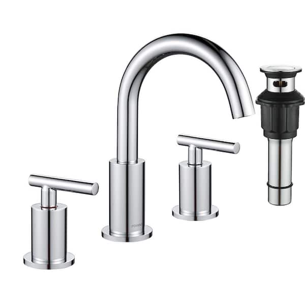 FORIOUS 8 in. Widespread 2-Handle 3-Hole Bathroom Faucet Bathroom Sink Faucet with Metal Drain and Supply Hose in Chrome