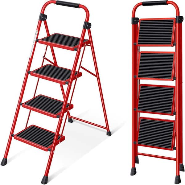 Folding Step Ladder 4 Steps Stool Heavy-Duty Sturdy Safety Steel Tall Step Ladders with Handrails and Wide Pedals, Red