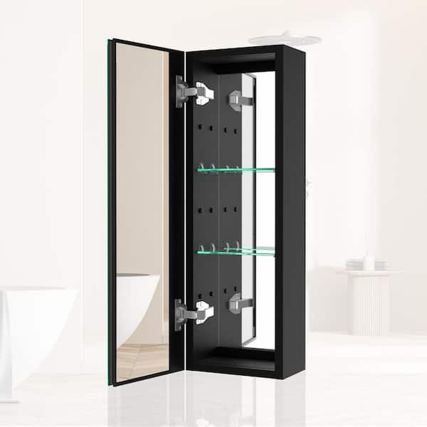 10 in. W x 30 in. H Rectangular Aluminum Medicine Cabinet with Mirror and Glass Shelves Black Wall Mount Bathroom