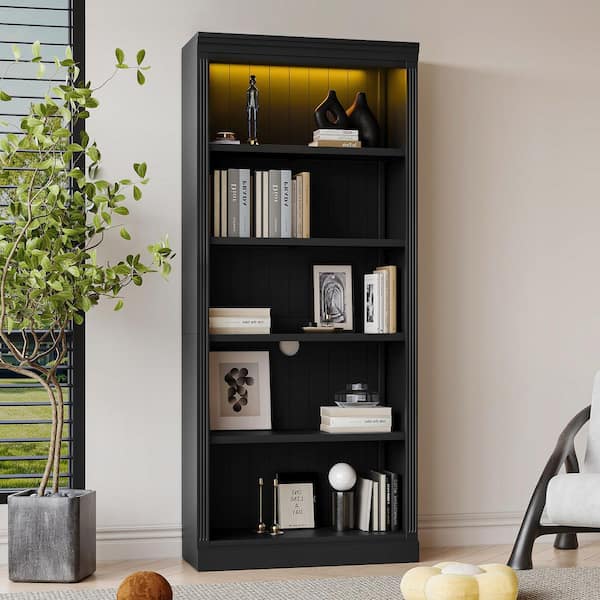 83.4 in. Tall Black Solid Wood Bookcase with Light Strip, Adjustable Shelves and Storage Organizer