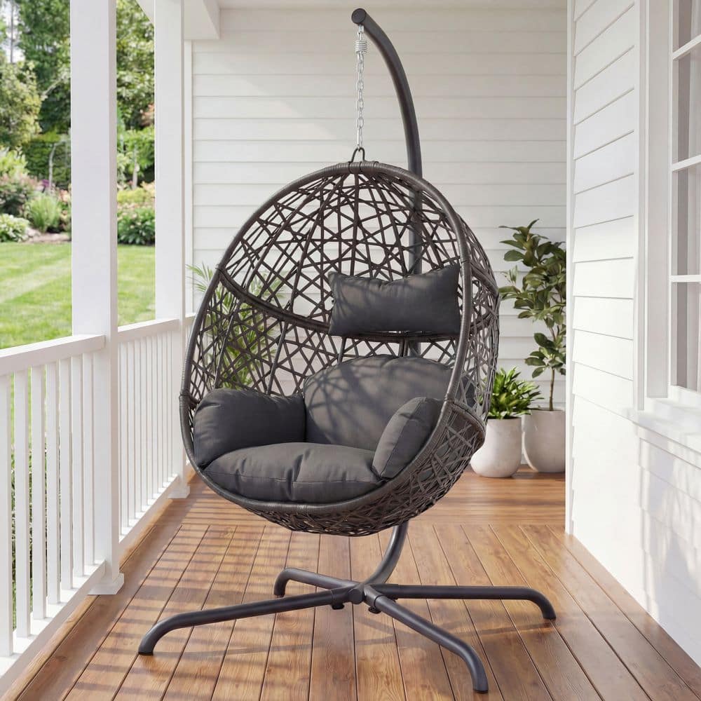Oversized Outdoor Patio 1-Person Gray PE Wicker Hanging Egg Porch 