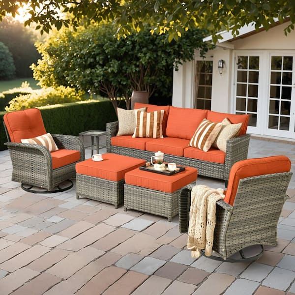 Lotus A 6-Piece Wicker Patio Conversation Seating Set with Swivel Rocking Chairs Coffee Table & Orange Red Cushions