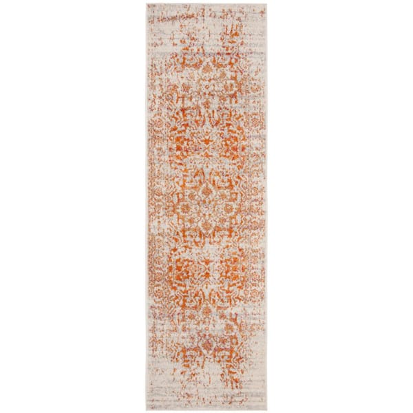 SAFAVIEH Madison Orange/Ivory 2 ft. x 16 ft. Geometric Border Floral Medallion Runner Rug