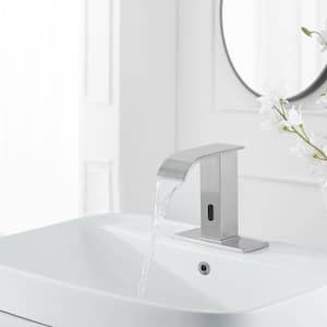Battery Powered Touchless Single Hole Bathroom Faucet With Drain Kit And Temperature Control In Brushed Nickel