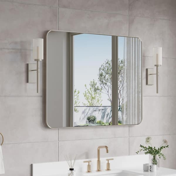 BELLA 40 in. W x 32 in. H Rectangular Aluminum Framed Wall-Mounted Bathroom Vanity Mirror in Brushed Nickel