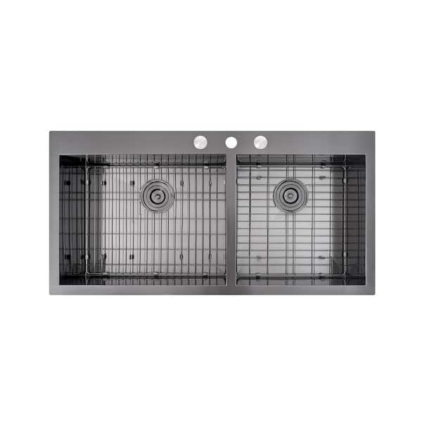 Kingsman Hardware 43 in. Drop-In/Topmount Double Bowl 16 Gauge Black Stainless Steel Kitchen Sink with Matching Bottom Grids and Strainers