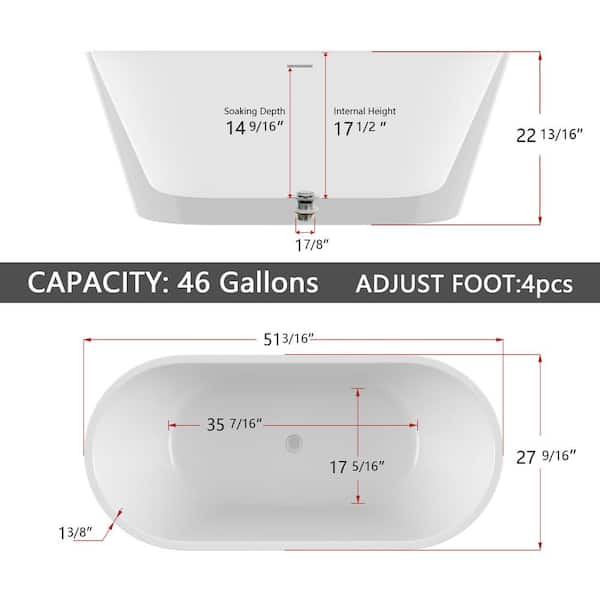 51 in. x 27.5 in. Oval Acrylic Freestanding Soaking Bathtub with Center Drain Flat Bottom Free Standing Tub in White