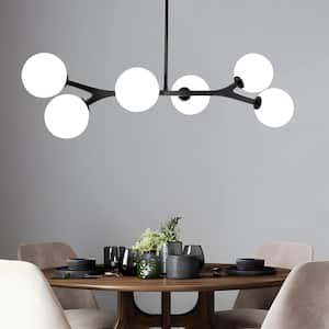 6-Light Black Shaded Pendant Light with Globe Glass Shade Mid Century Kitchen Island Chandelier Light Fixture