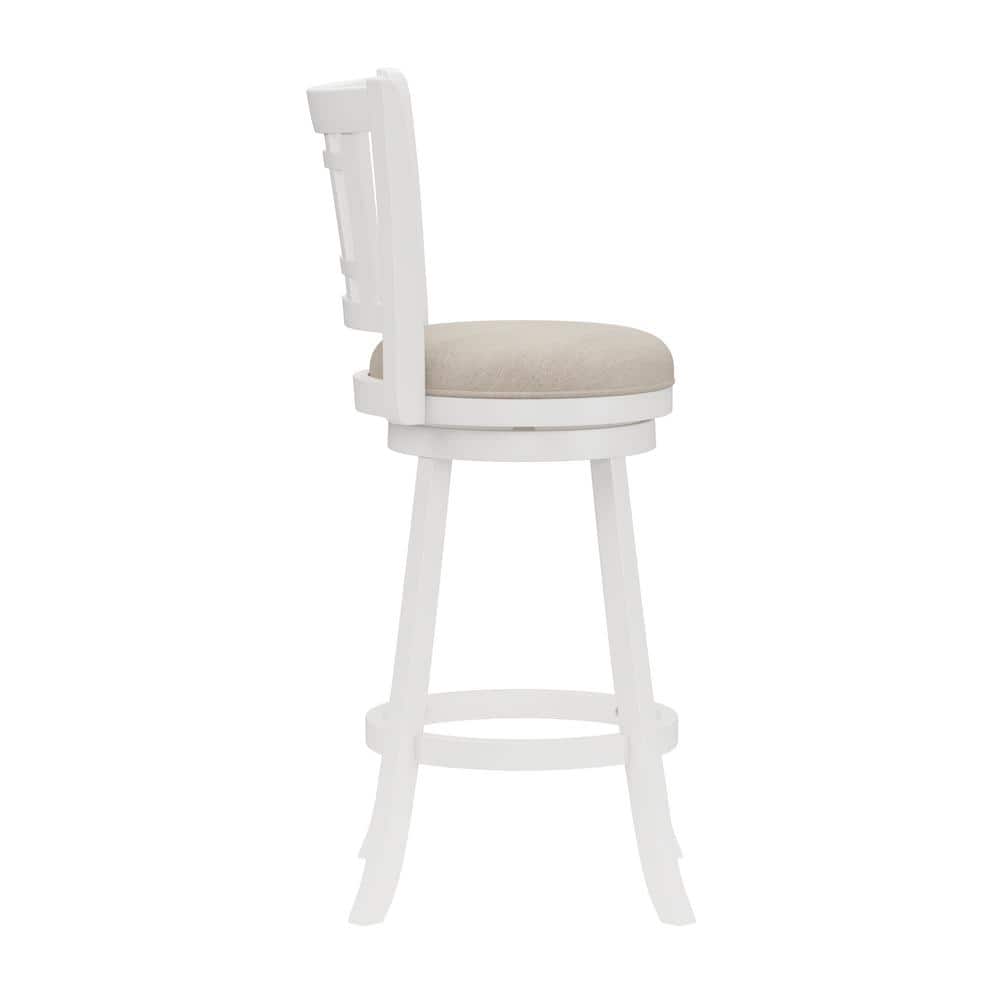 Elegant White Swivel Bar Stool with Beige Fabric Seat and Wood Accents