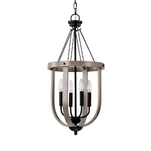 Giano 14 in. 4-light Indoor Matte Black and Faux Wood Grain Finish Chandelier with light Kit