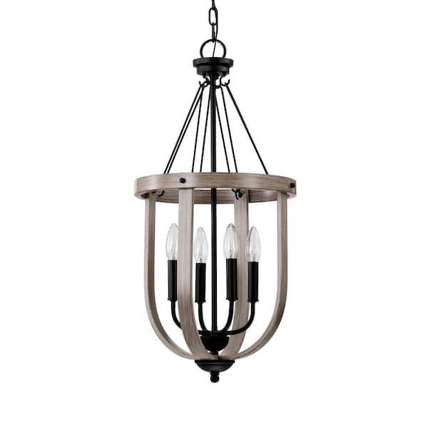 Warehouse of Tiffany Giano 14 in. 4-light Indoor Matte Black and Faux Wood Grain Finish Chandelier with light Kit