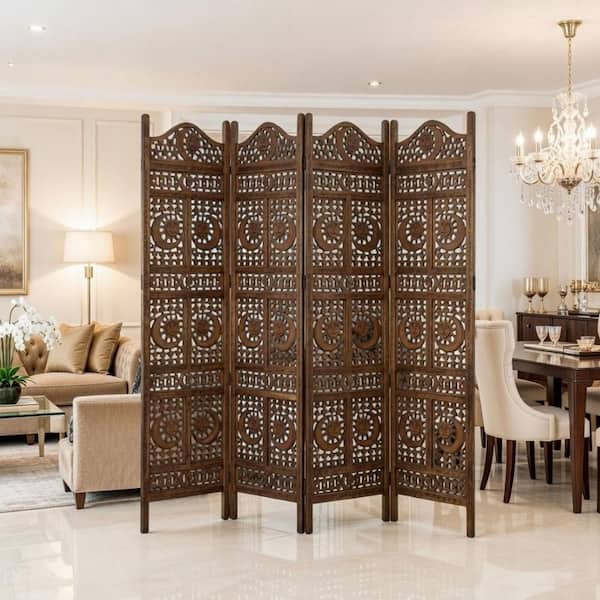 71 in. Brown Sun and Moon Design Foldable 4-Panel Wooden Room Divider