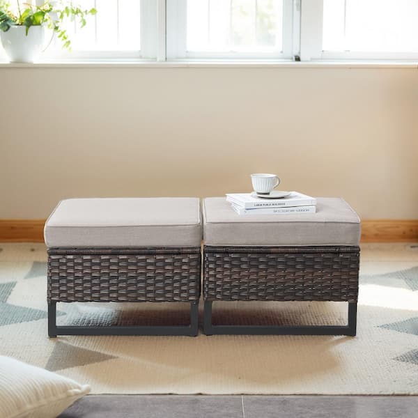 U-Weave Metal and Brown Wicker Outdoor Ottoman with Olefin Beige Cushion (2-Pack)