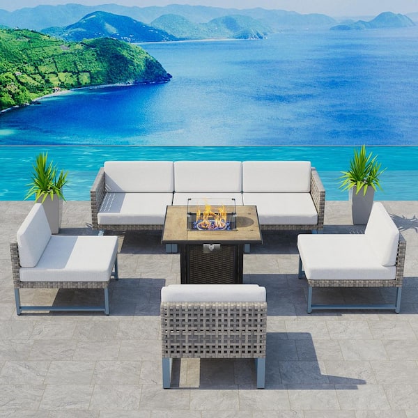eVita Outdoor 6-Piece Wicker Aluminum Furniture Set with Fire Pit Table