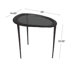 15 in. Black Abstract Oval Shaped Large Oval Glass End Table with Shaded Glass Top and Detailed Engravings