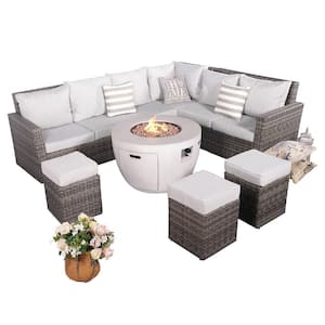 Vivian III 8-Pieces Rock and Fiberglass Fire Pit Table with Brown Wicker Conversation Set with Beige Cushions