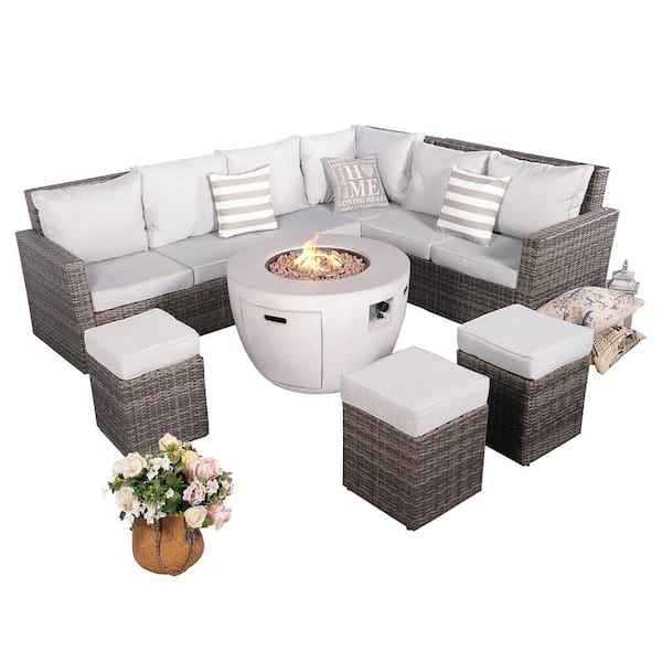 moda furnishings Vivian III 8-Pieces Rock and Fiberglass Fire Pit Table with Brown Wicker Conversation Set with Beige Cushions