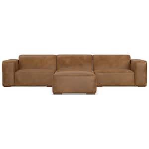 Rex 122 in. Straight Arm Genuine Leather Rectangle 3-Seater Modular Sofa and Ottoman Set in Caramel Brown
