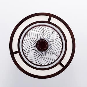20 in. Integrated LED Indoor Reddish Brown Chinese Style Caged Low Profile Ceiling Fan with Remote and Reversible Motor