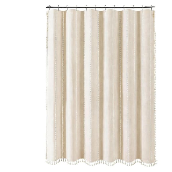 72 in. W x 72 in. L Linen Blend Bohemian Vintage Country Fabric Shower Curtain with Tassel in Beige, Water Repellent