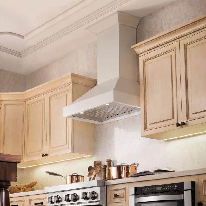 36" Cottage White Wood Wall Mount Range Hood with Stainless Steel Insert