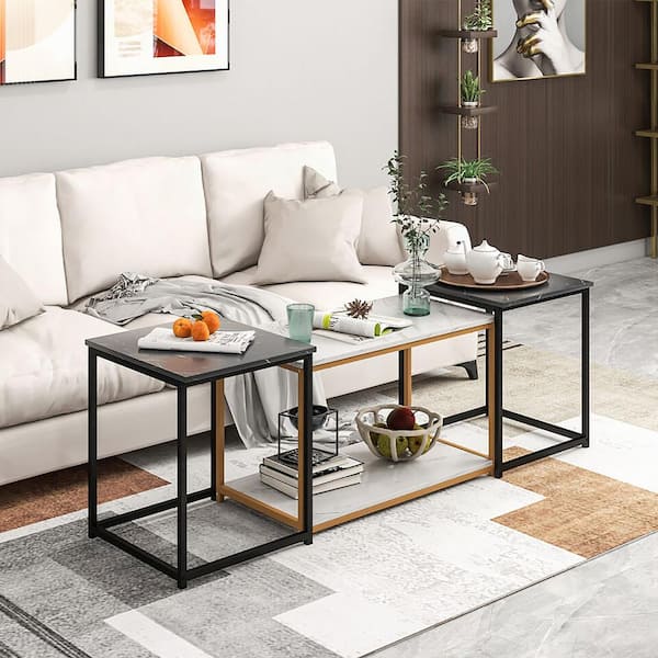 Gymax Rectangle Nesting Table Modern Coffee Side Sofa Table Faux Marble MDF Top Living Room Set of 3