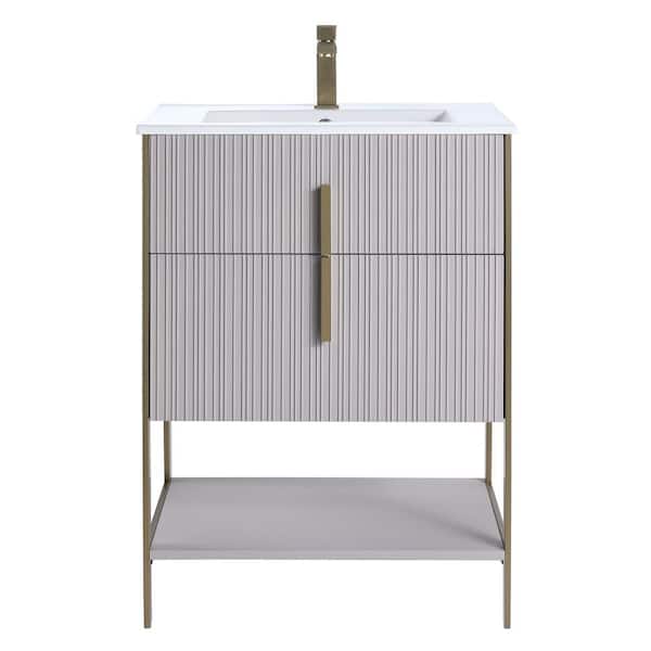 FINE FIXTURES 24 in. W x 18 in. D x 33.5 in. H Bright Taupe Bath Vanity with Ceramic Sink Top in White with Satin Brass Hardware
