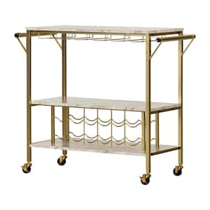 Maliza Bar Cart with Wine Bottle Storage and Wine Glass Rack Faux Carrara Marble and Gold