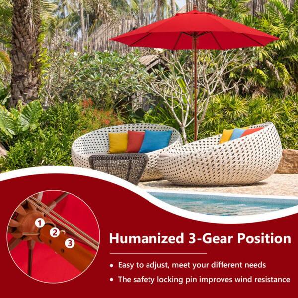 9.5 ft. Pulley Lift Market Patio Umbrella in Red with Fiberglass Ribs Without Weight Base