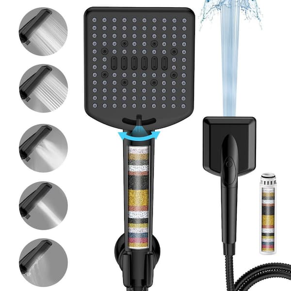 High Pressure 6-Spray Wall Mount Filtered Handheld Shower Head 1.8 GPM in Black with Replacement Filter for Shower Head
