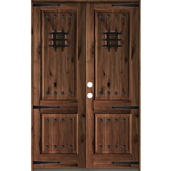 Krosswood Doors 60 in. x 96 in. Mediterranean Knotty Alder Square Top with Red Mahogony Stain Right-Hand Wood Double Prehung Front Door