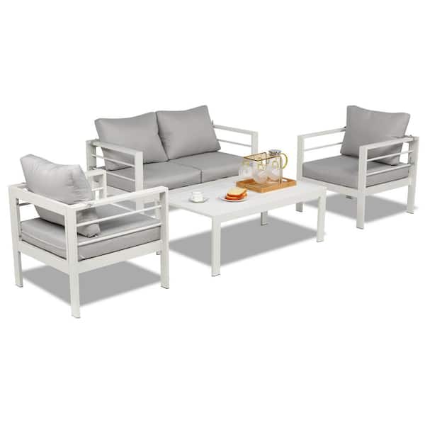 VINGLI White 4-Piece Aluminum Patio Conversation Set with Light Gray Cushions Outdoor Modern Sofa Sectional Set