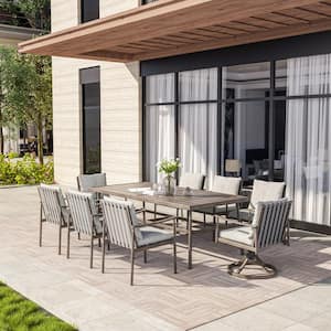 Sleek Line 9-Piece Aluminum Rectangular Outdoor Dining Set with Swivel Chairs and Light Gray Cushions
