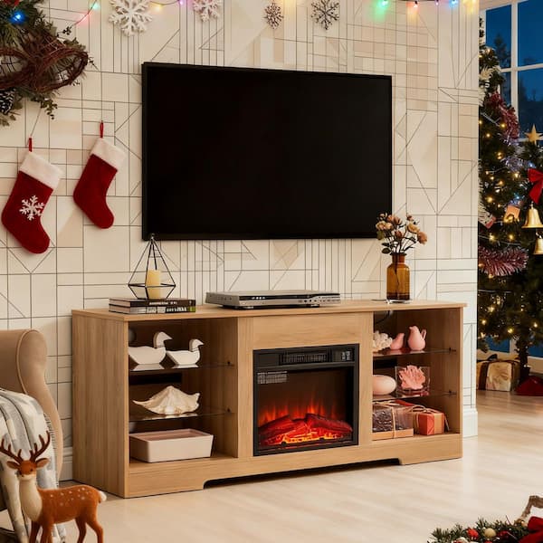 58 in. Freestanding Wood TV Stand Electric Fireplace Glass Shelves with LED Lights and USB Charging Outlet in Oak