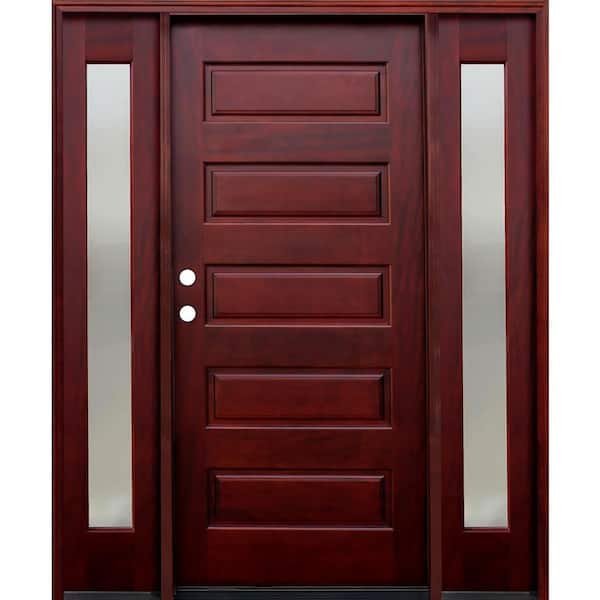 Pacific Entries 66 in. x 80 in. Contemporary 5-Panel Stained Mahogany Wood Prehung Front Door with 12 in. Mistlite Sidelites