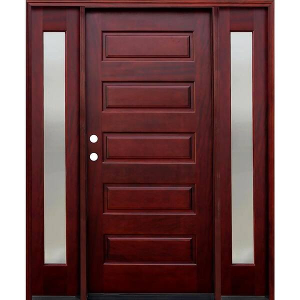 Pacific Entries 70 in. x 80 in. 5-Panel Stained Mahogany Wood Prehung Front Door w/ 6 in. Wall Series and 14 in. Mistlite Sidelites