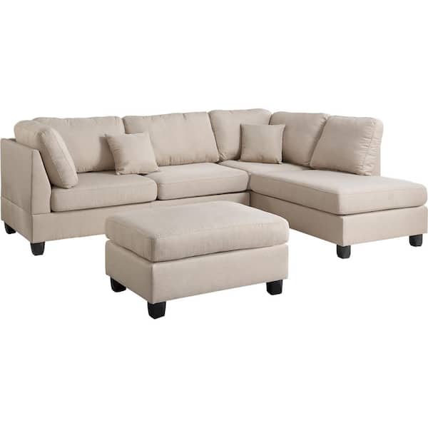 Venetian Worldwide Madrid Sand Polyester 6-Seater L-Shaped Reversible Sectional Sofa with Ottoman