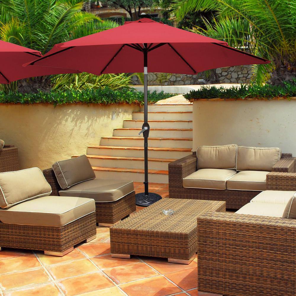 Dark Red 9 ft. Solar LED Lighted Market Patio Umbrella with Crank Lift