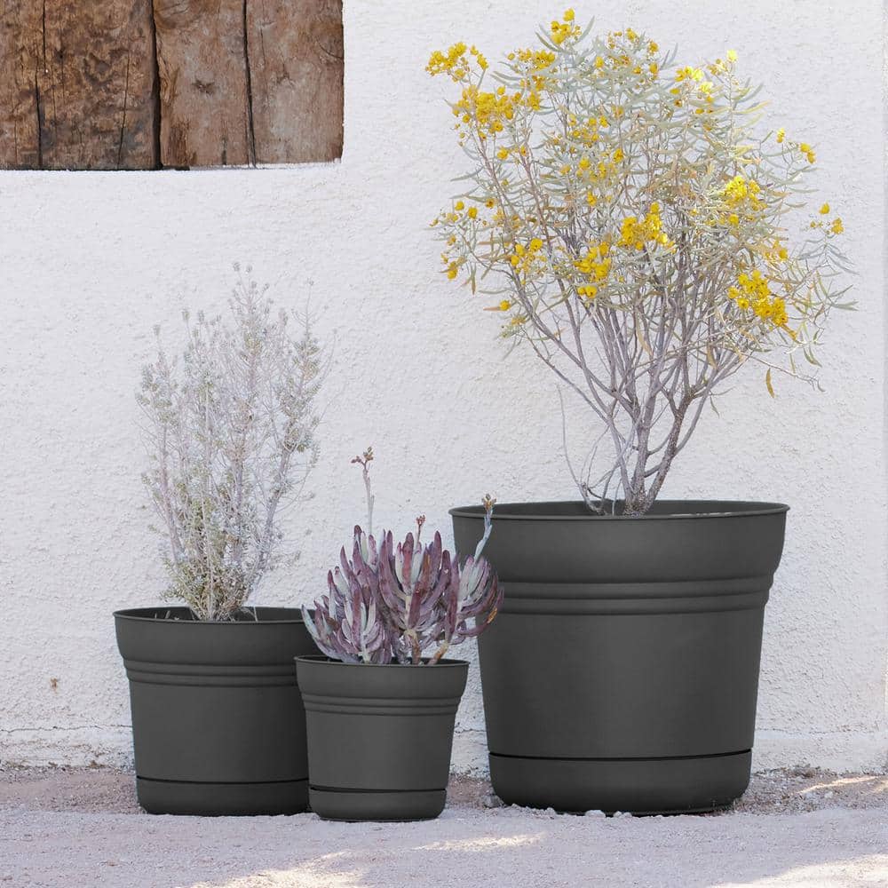 Charcoal Gray 14.5" Round Resin Planter with Saucer