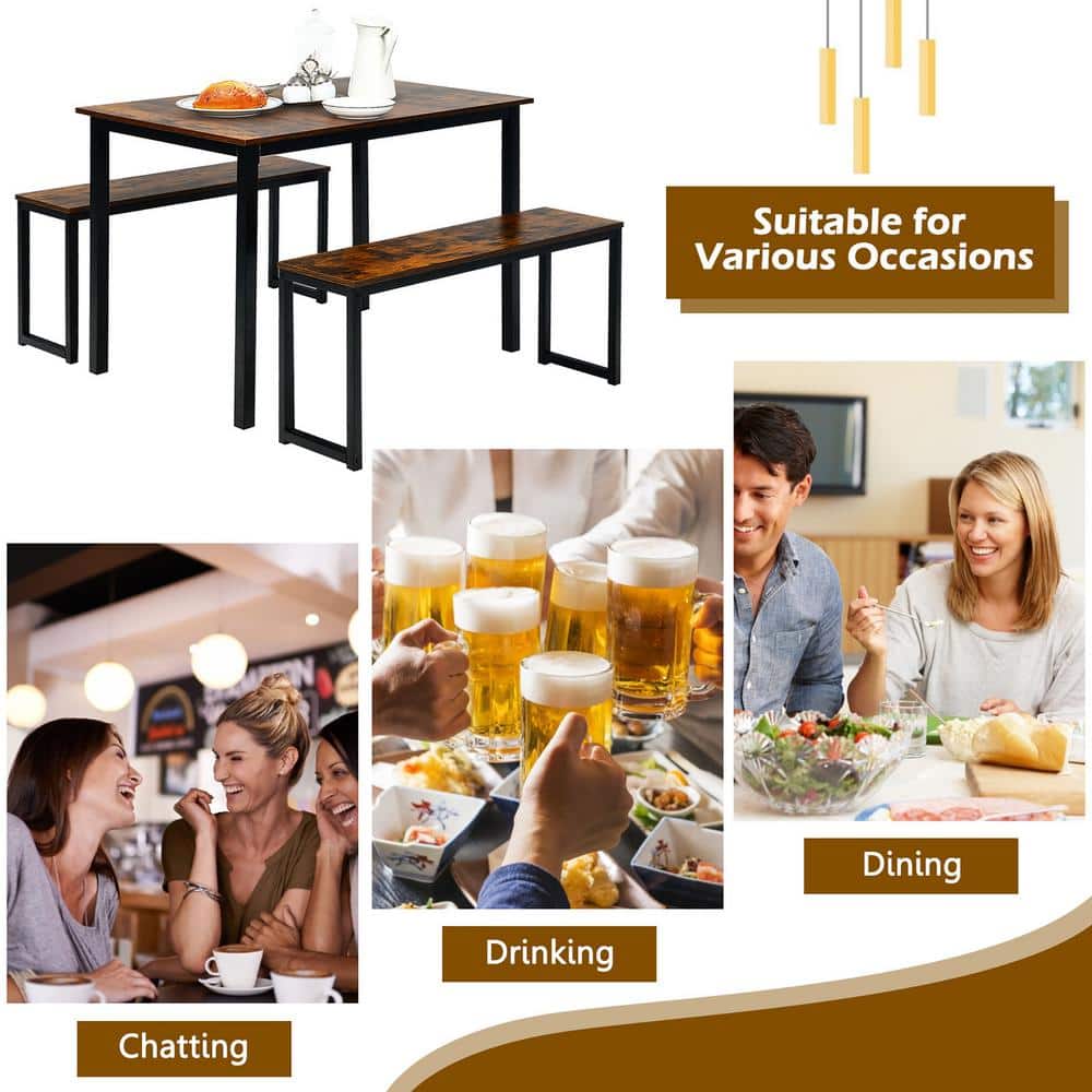 Modern Studio 3-Piece Coffee Dining Table Set with 2 Benches