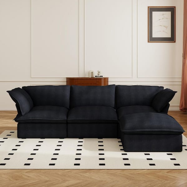 Magic Home L-shaped 123 in. Flared Arm 4-piece Down Filled Linen Modular Cloud Sectional Sofa with Washable Cover, Ottoman in Black