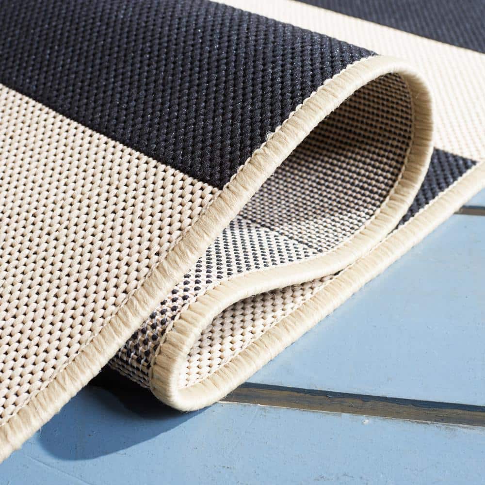 Beige and Black Striped Synthetic Rectangular Area Rug