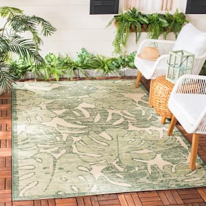 Courtyard Beige/Green 7 ft. x 7 ft. Square Floral Indoor/Outdoor Patio  Area Rug