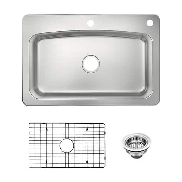 PELHAM & WHITE Belmar 33 in. Drop-in/Undermount Single Bowl 18-Gauge Stainless Steel Kitchen Sink with Grid and Drain