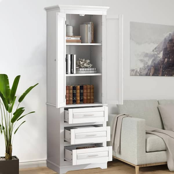24.00 in. W x 15.70 in. D x 70.00 in. H MDF White 3-Drawer Freestanding Tall Linen Cabinet in White