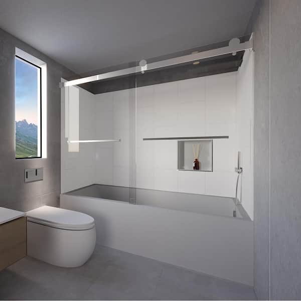 NuVo Winter White-Tetherow 60 in. L x 30 in. W x 83 in. H Rectangular Tub/ Shower Combo Unit in Chrome Right Drain