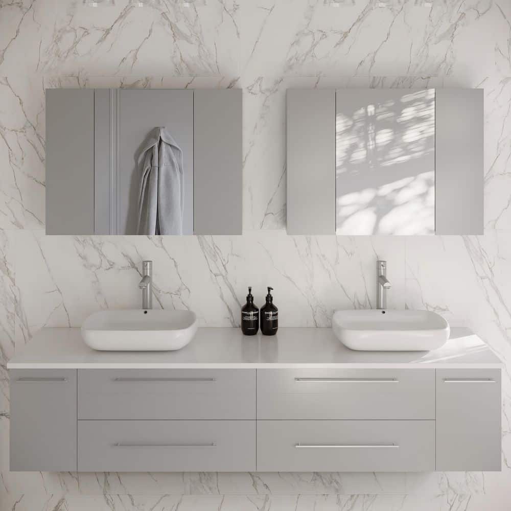 Lucera 72 in. Double Sink Wall Mount Gray Bath Vanity with White Quartz Top, Vessel Sinks and Medicine Cabinets price history on PriceWatchPro